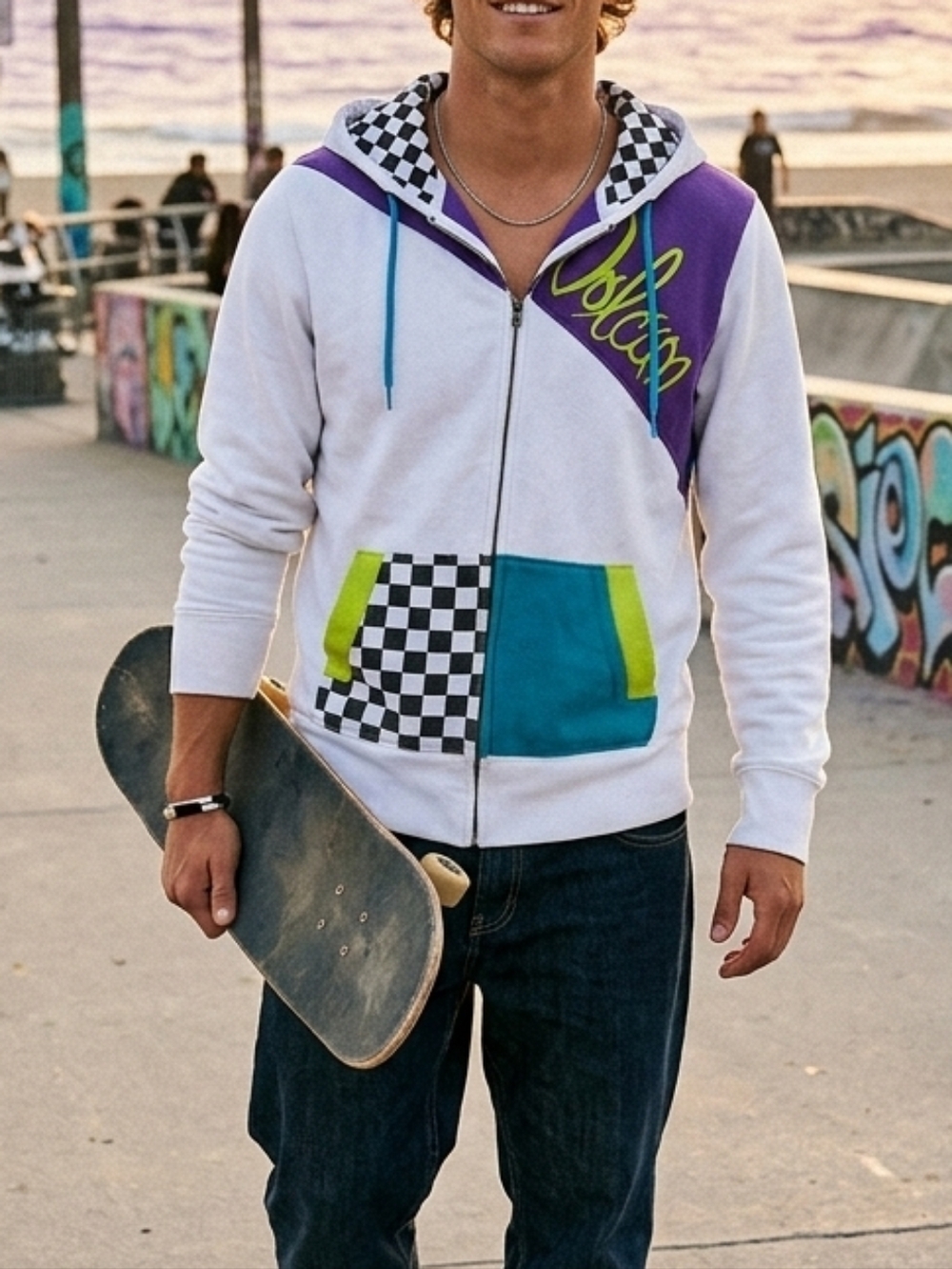 Volcom Zipup Hoodie Jacket with Checker & Colorblock Panels - White/Purple/Teal